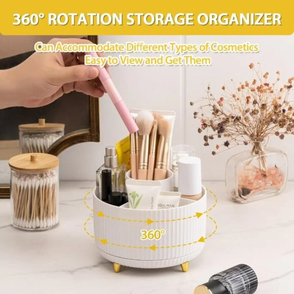 Multi-Angle Rotating Makeup Brush Holder, White Cosmetic Organizer for Vanity